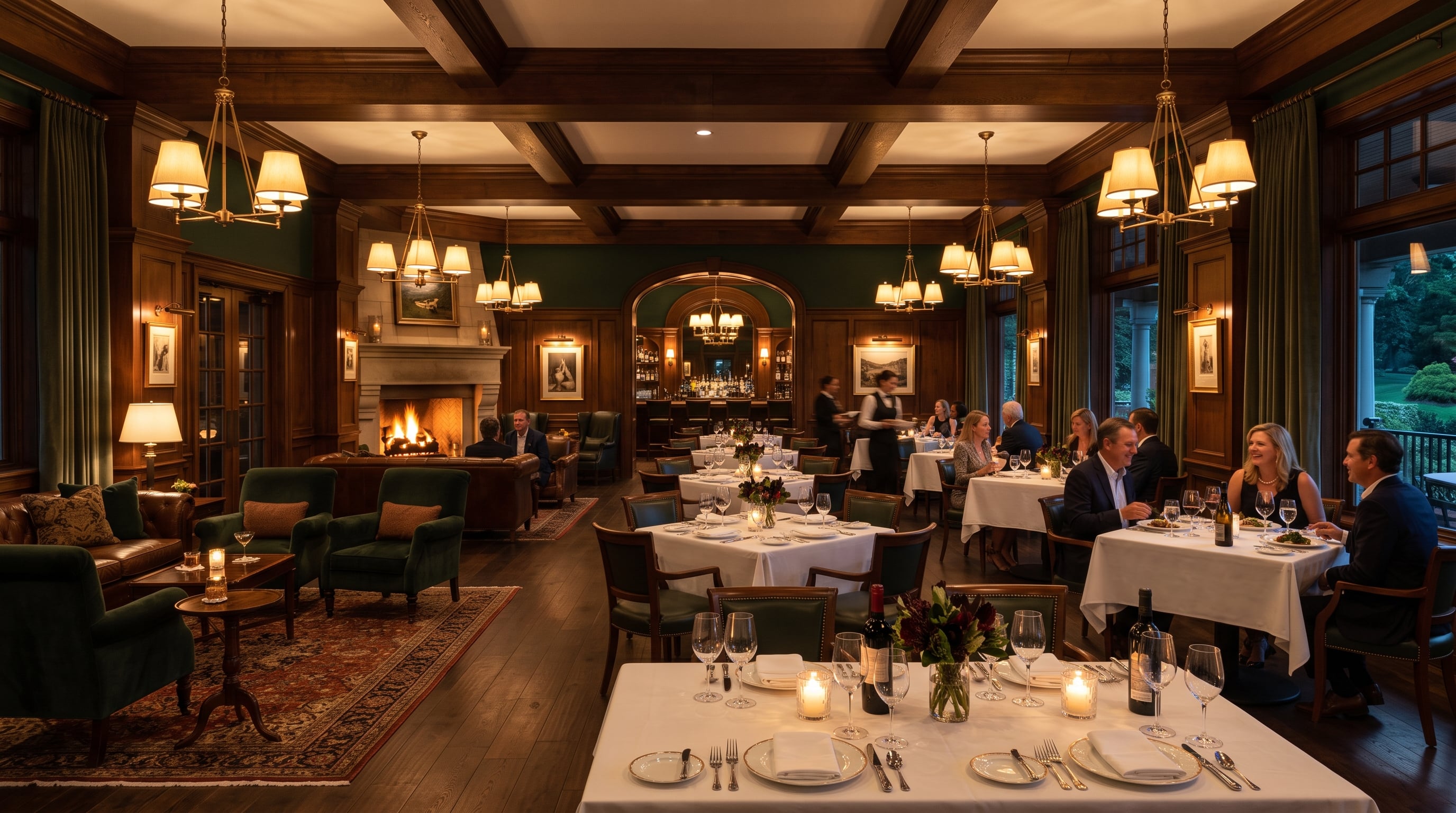 Elegant club dining room in the evening